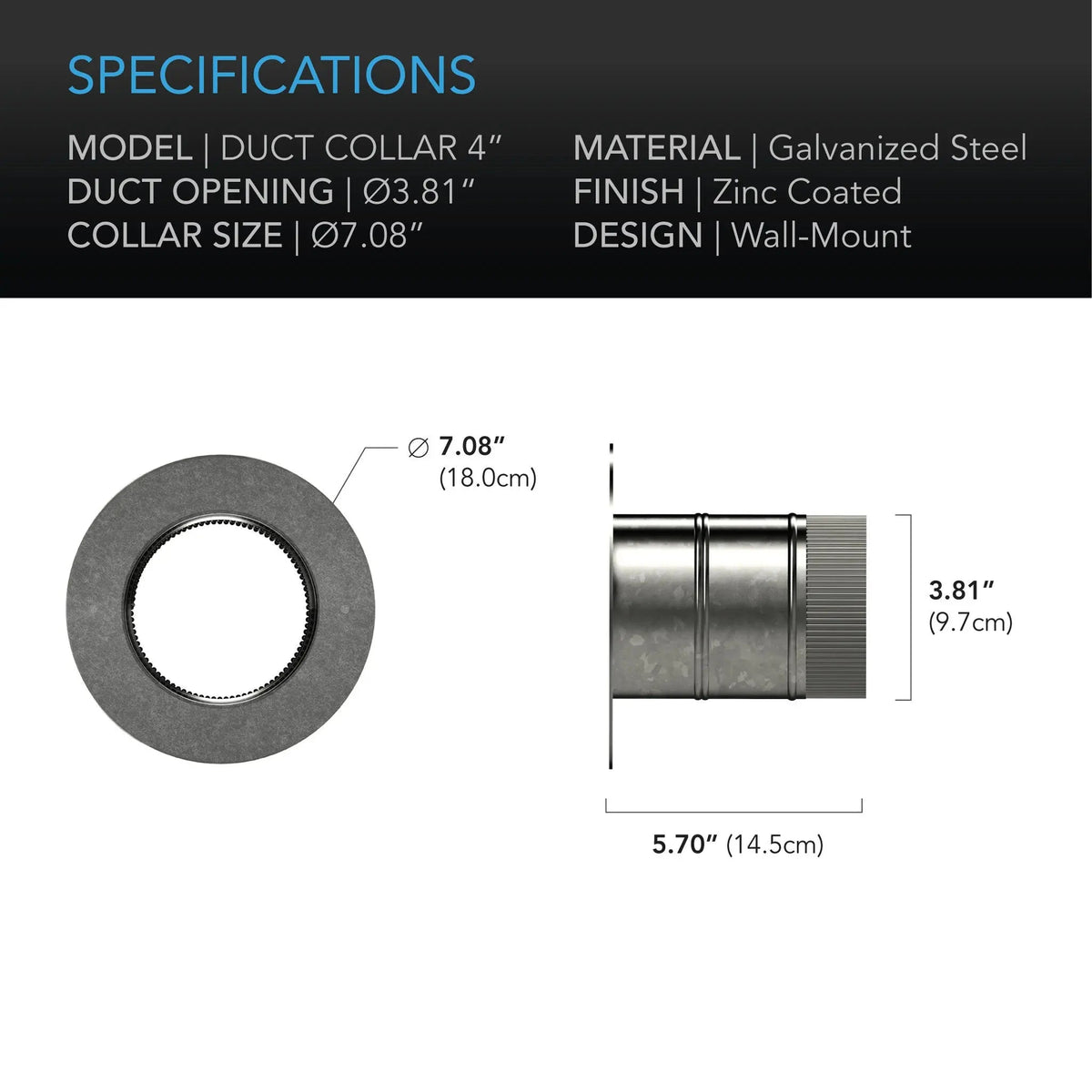 AC Infinity 4-Inch Galvanised Steel Ducting Flange Collar