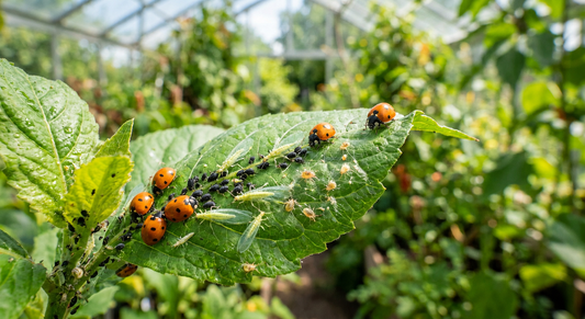 Close-up of beneficial insects, including ladybugs and green lacewings, eating aphids and garden pests on a vibrant green leaf inside a sunny greenhouse.