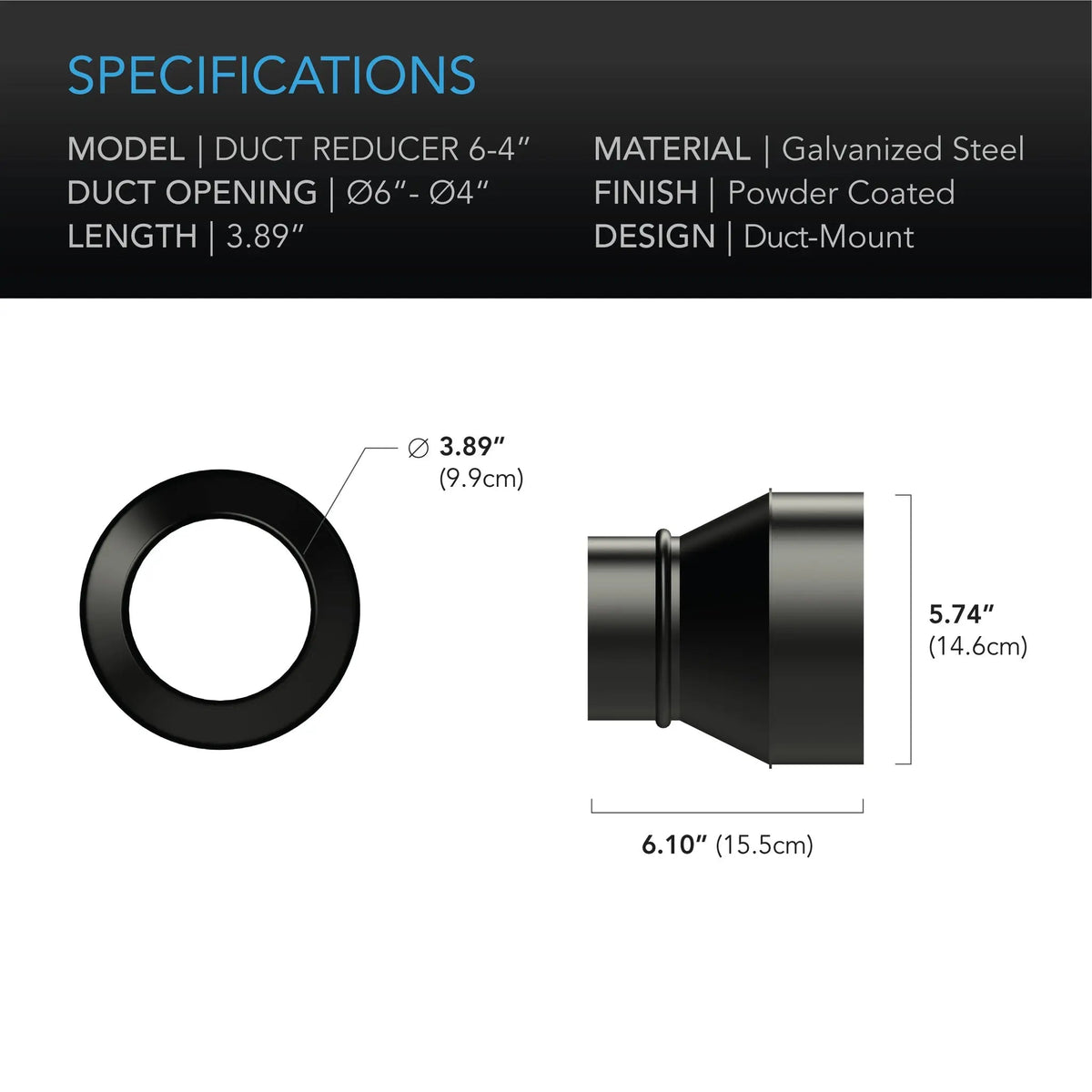 AC Infinity 6-to-4-Inch Galvanised Steel Duct Reducer / Increaser Cone