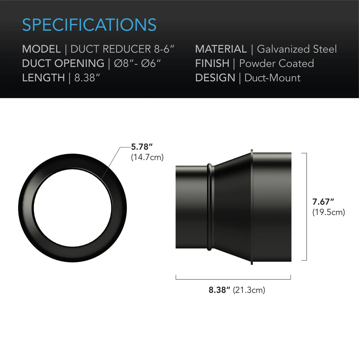 AC Infinity 8-to-6 Inch Steel Galvanised Duct Reducer Increaser
