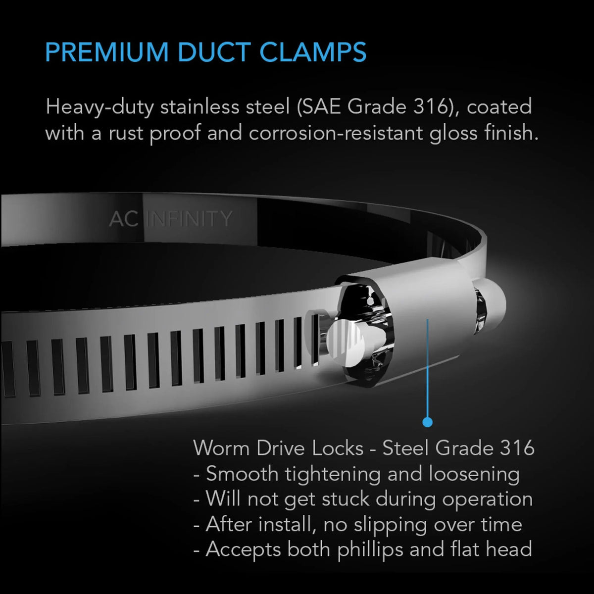 AC Infinity 4-Inch Heavy-Duty Stainless Steel Duct Clamps, 2-Pack