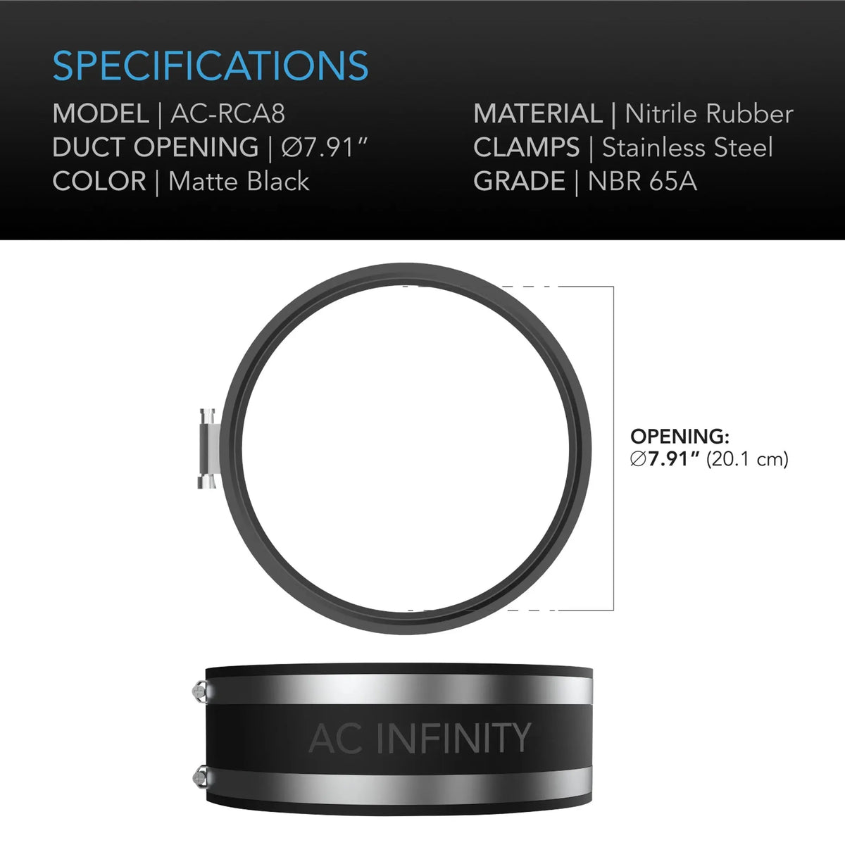 AC Infinity 8-Inch Flexible Rubber Noise Reduction Duct Coupling