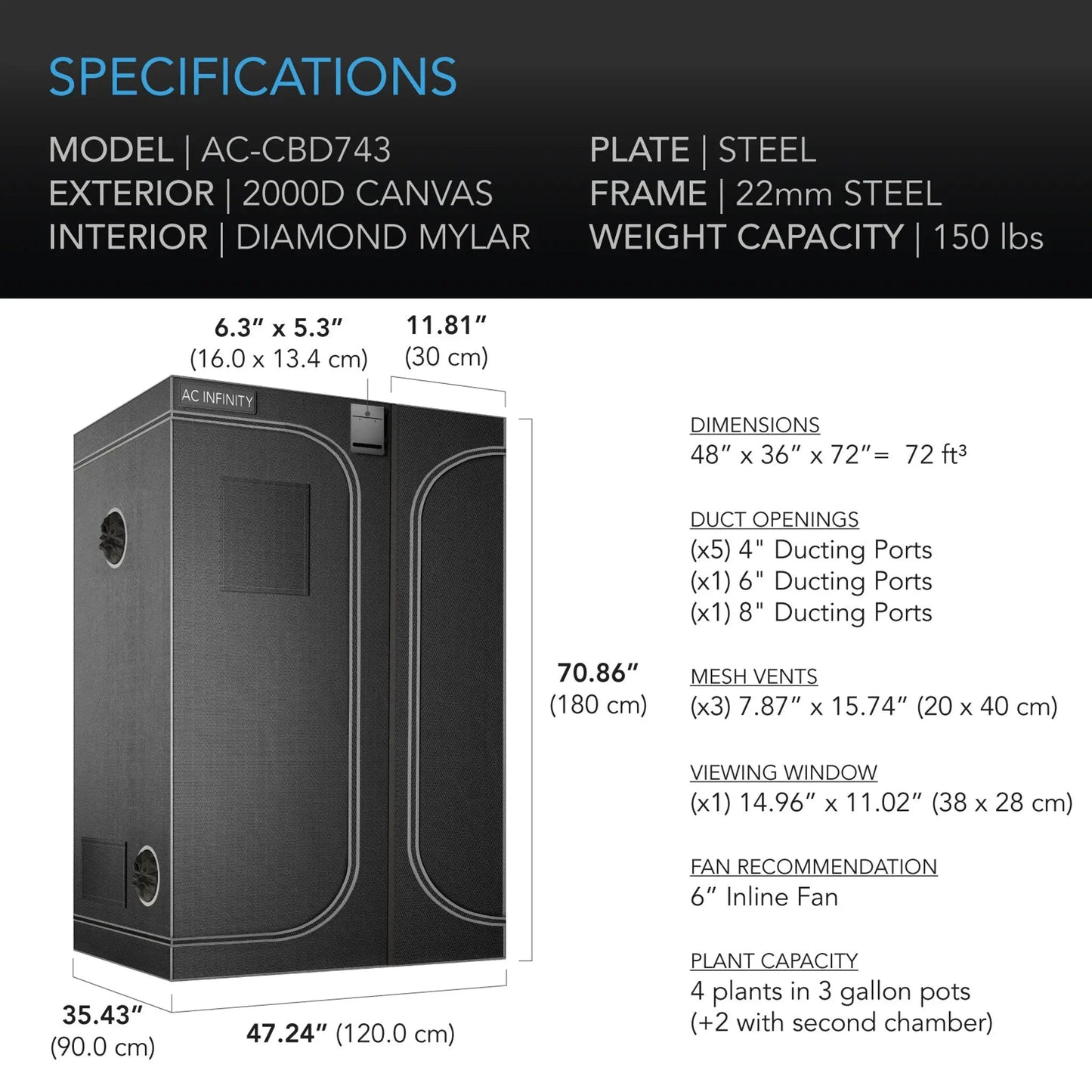 AC Infinity CLOUDLAB 743D 2-in-1 Advance Grow Tent 4x3x6
