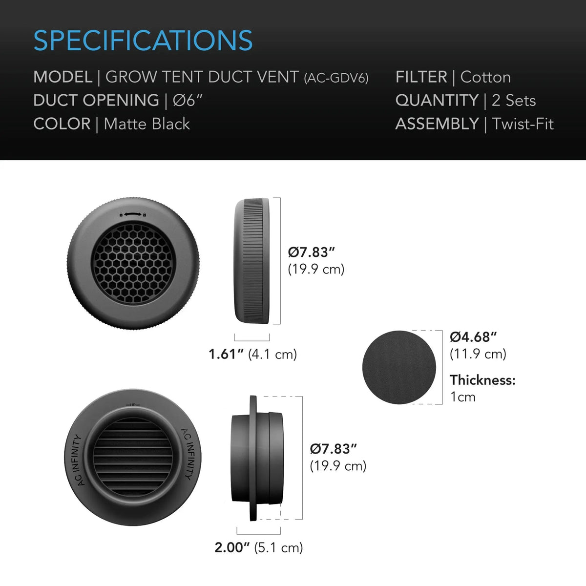 AC Infinity Advanced Grow Tent Duct Vent 6-Inch, 2-Pack