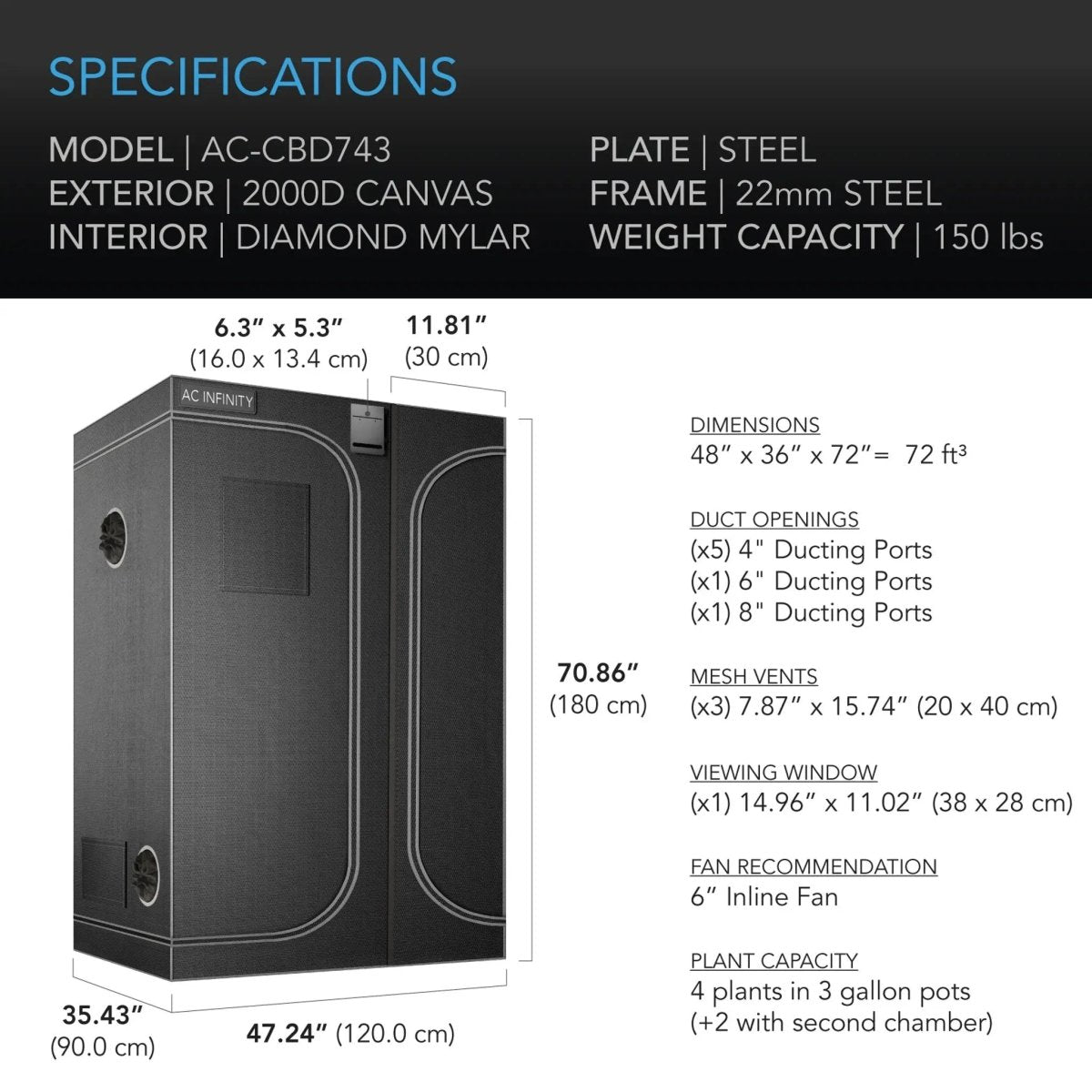 AC Infinity CLOUDLAB 743D 2-in-1 Advance Grow Tent 4x3x6