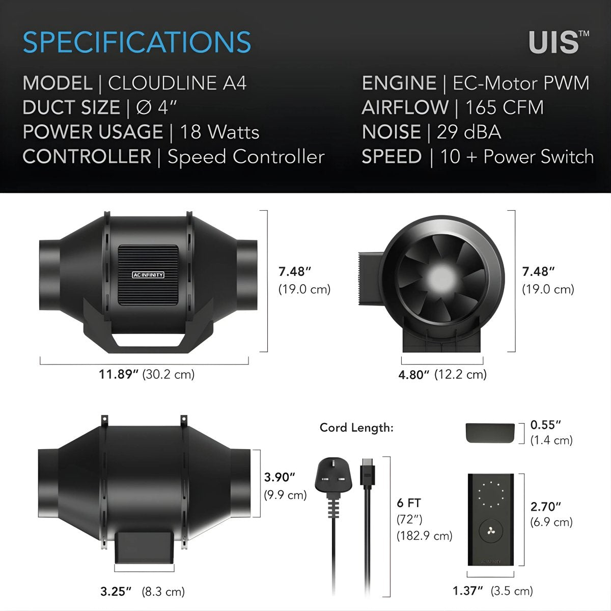 AC Infinity Cloudline A4 Lite EC Fan 4"