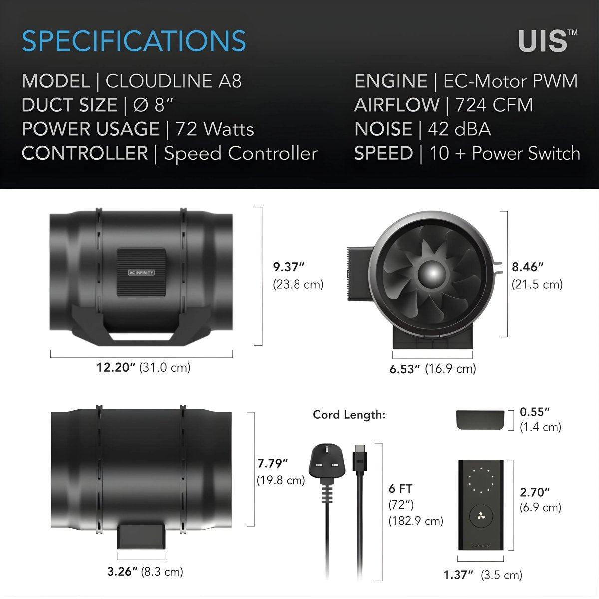 AC Infinity CLOUDLINE A8 Quiet Inline Mixed-Flow Duct Fan 8"