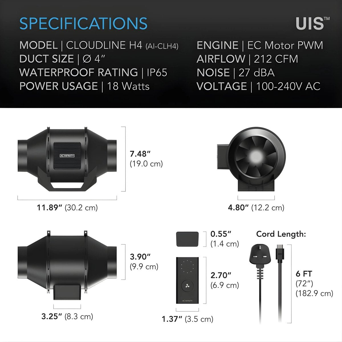AC Infinity CLOUDLINE H4 Quiet Inline Mixed-Flow Duct Fan 4"