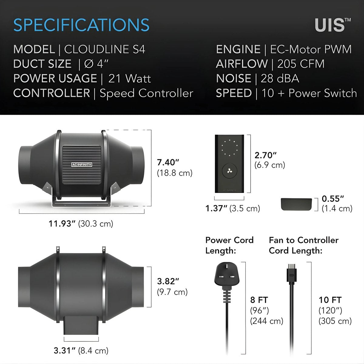 AC Infinity CLOUDLINE S4 Quiet Inline Mixed-Flow Duct Fan 4"