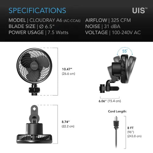 AC Infinity CLOUDRAY A6 Gen 2 Clip Fan – Manual Swivel