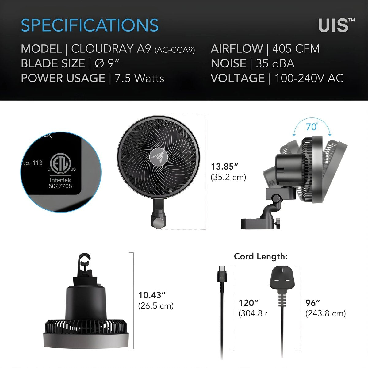 AC Infinity CLOUDRAY A9 Manual Swivel Clip Fan 9"