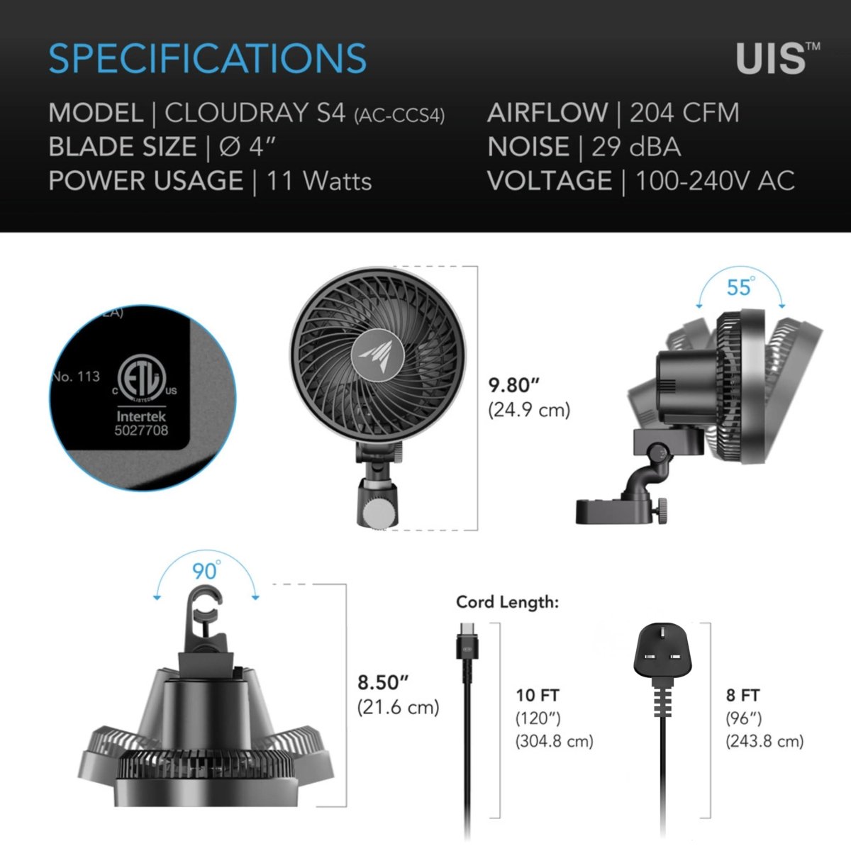 AC Infinity CLOUDRAY S4 Ultra-Compact Auto-Oscillating Clip Fan 4"