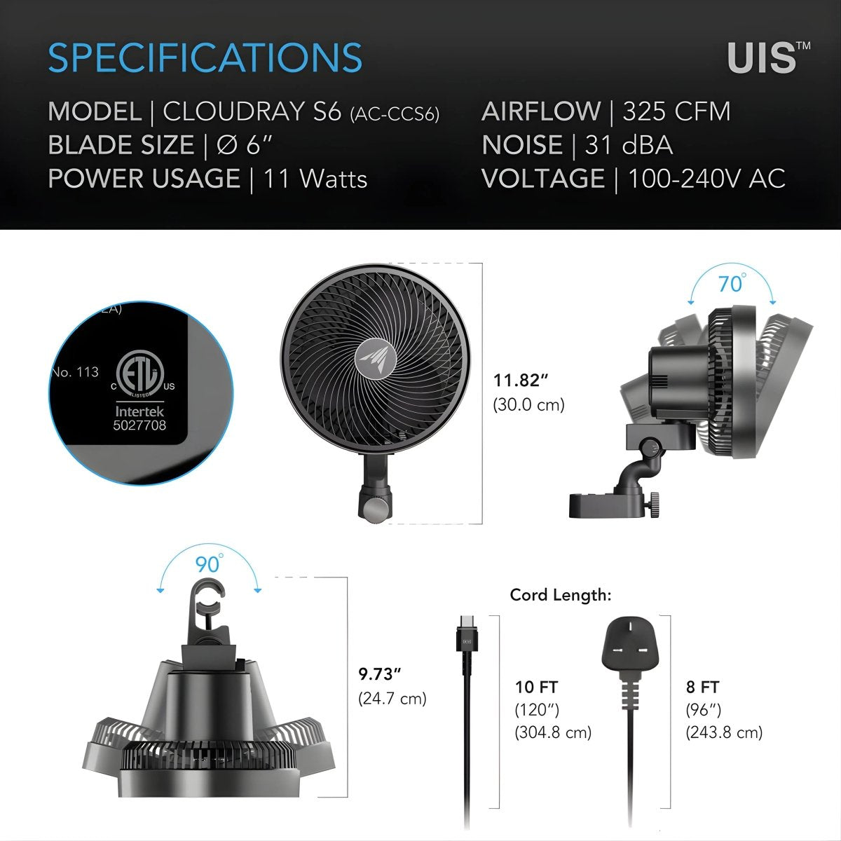 AC Infinity CLOUDRAY S6 Gen 2 Oscillating Clip Fan 6"