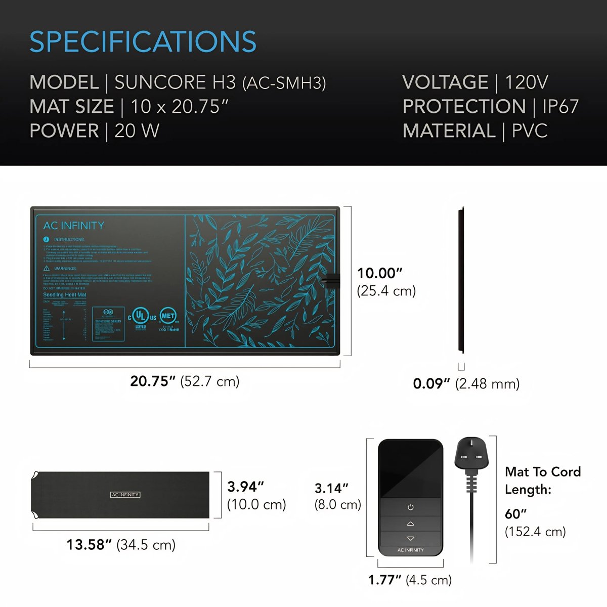 AC Infinity SUNCORE H3 Seedling Heat Mat with Digital Controller