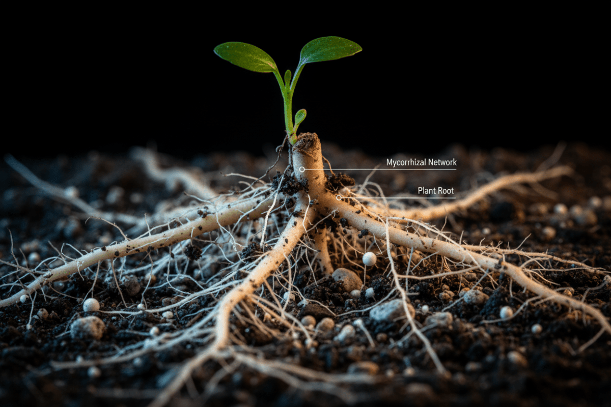 Plant roots with mycorrhizal network
