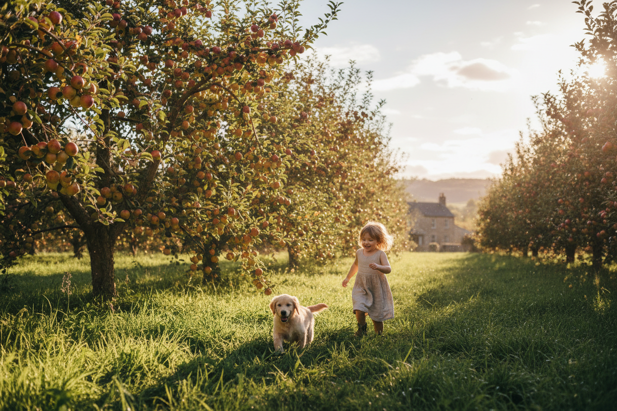 Beautiful sunlit orchard with child and dog playing