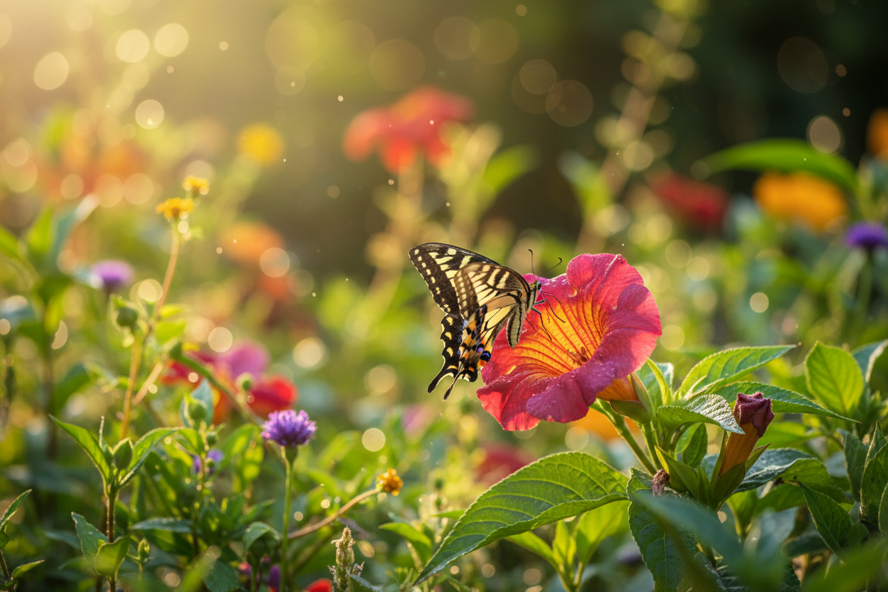 Butterfly on a vibrant flower in a lush organic garden