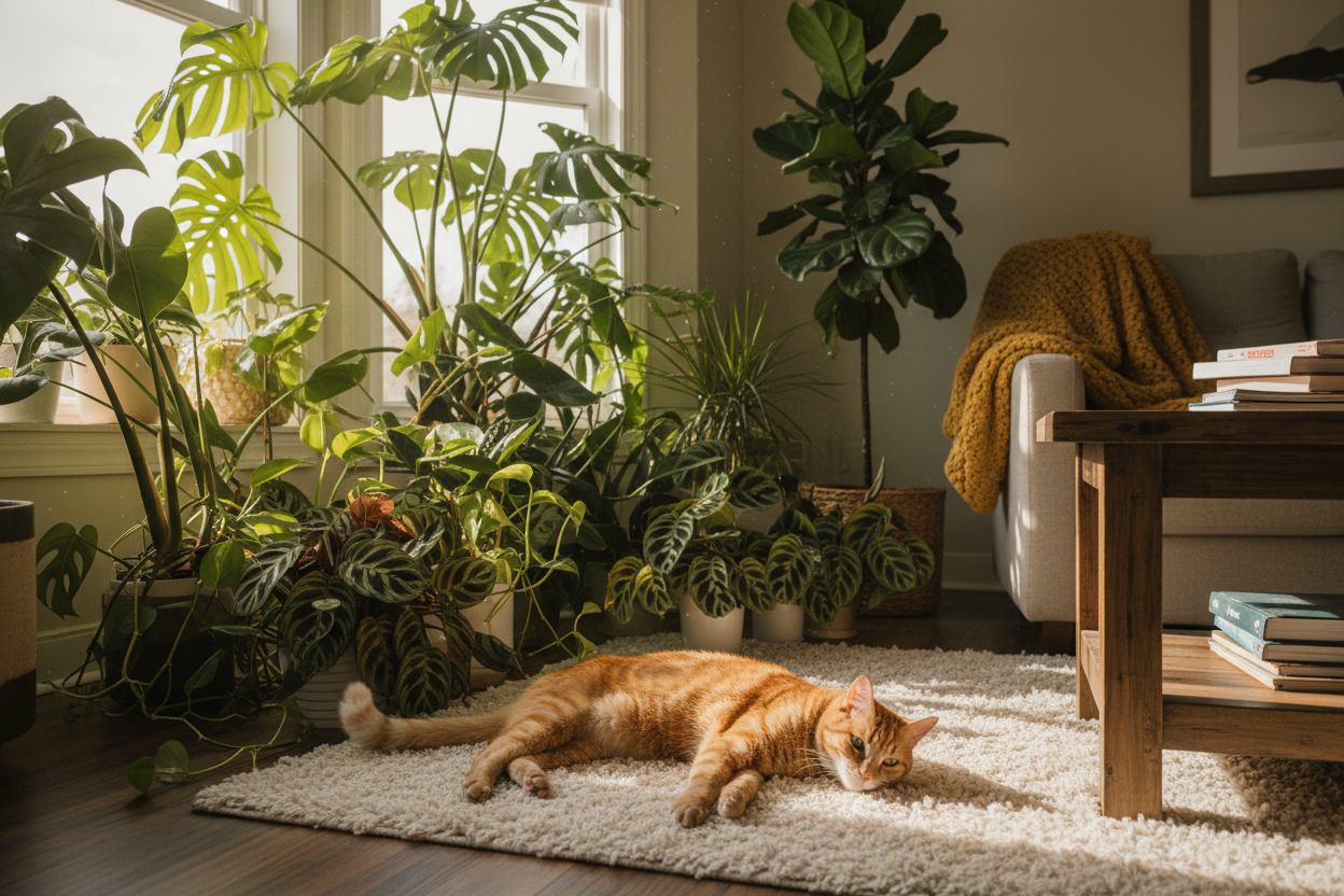 Cat beside tropical houseplants