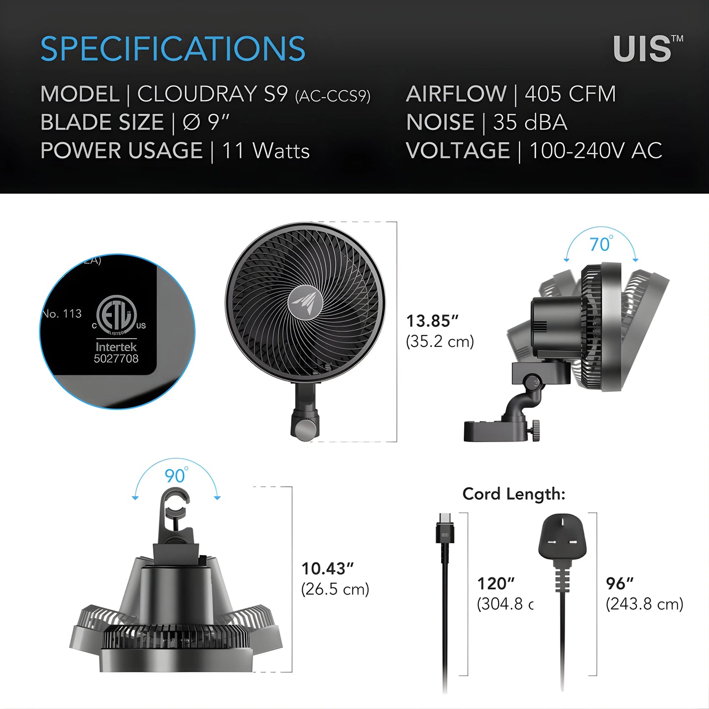 AC Infinity CLOUDRAY S9 Oscillating Clip Fan 9"