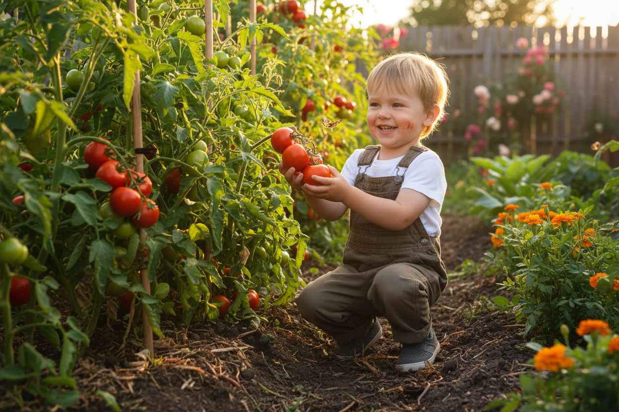 Child picking tomatoes in vegetable garden