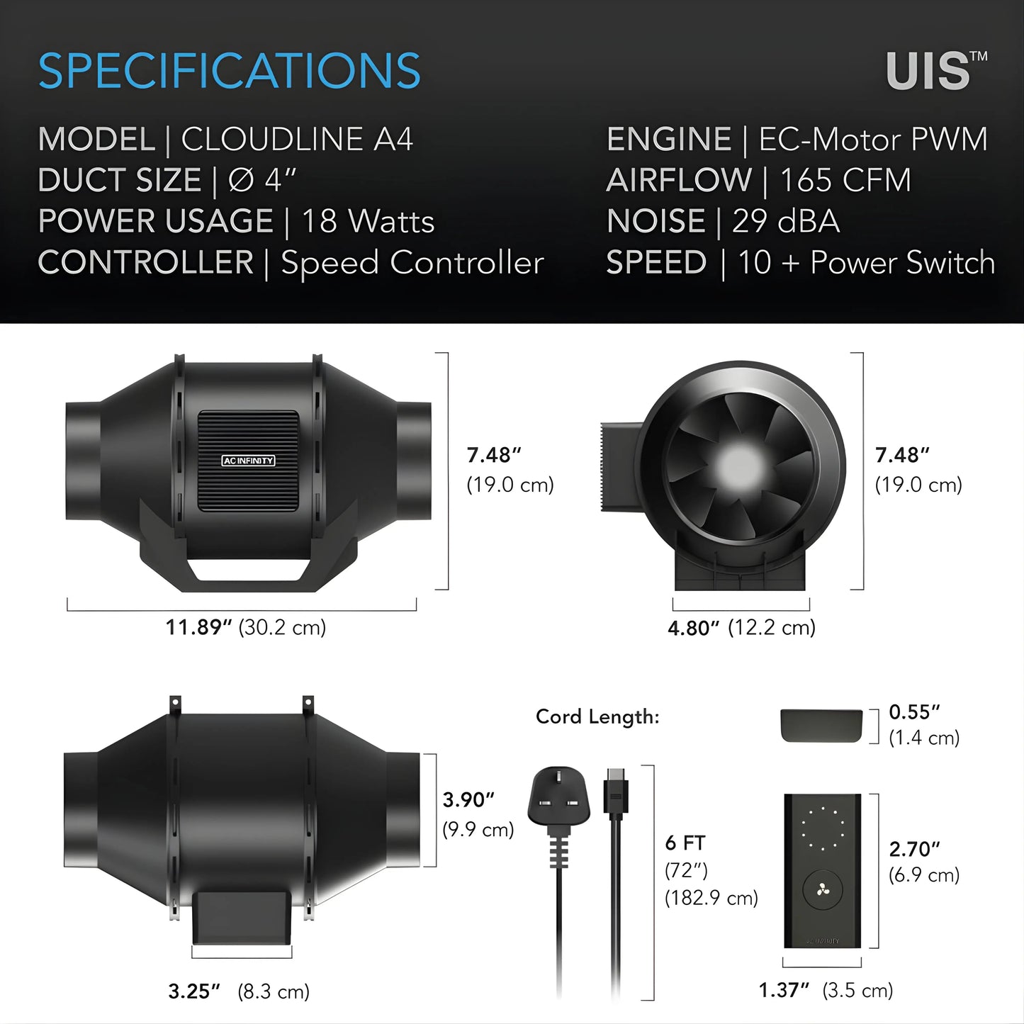 AC Infinity Cloudline A4 Lite EC Fan 4"