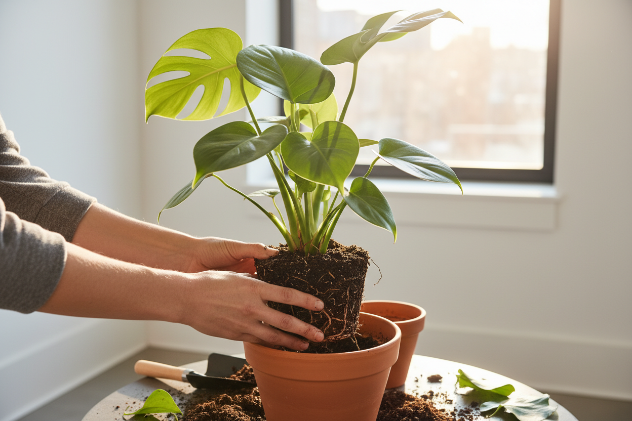 Hands repotting a tropical houseplant