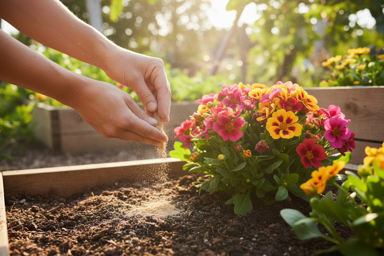 Hands top-dressing a flowering plant with organic powder