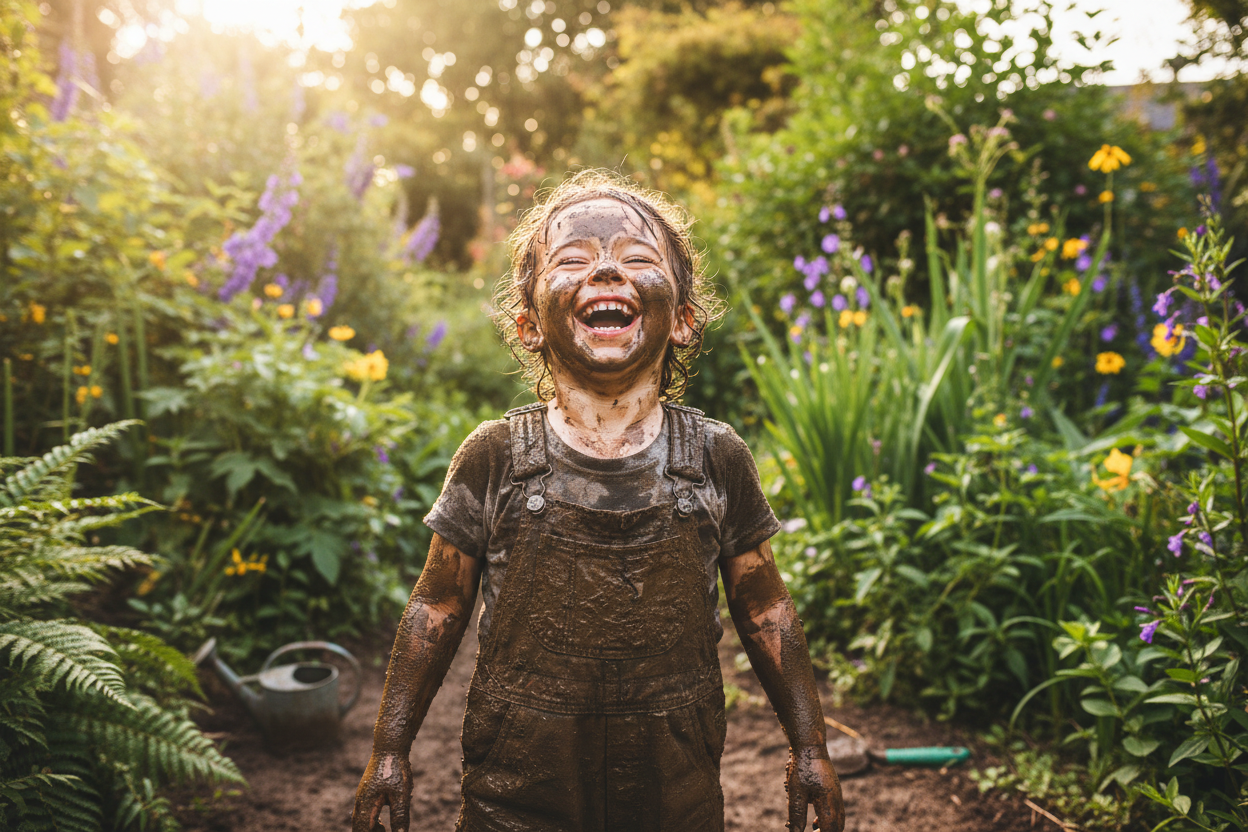 Happy muddy child laughing in a garden