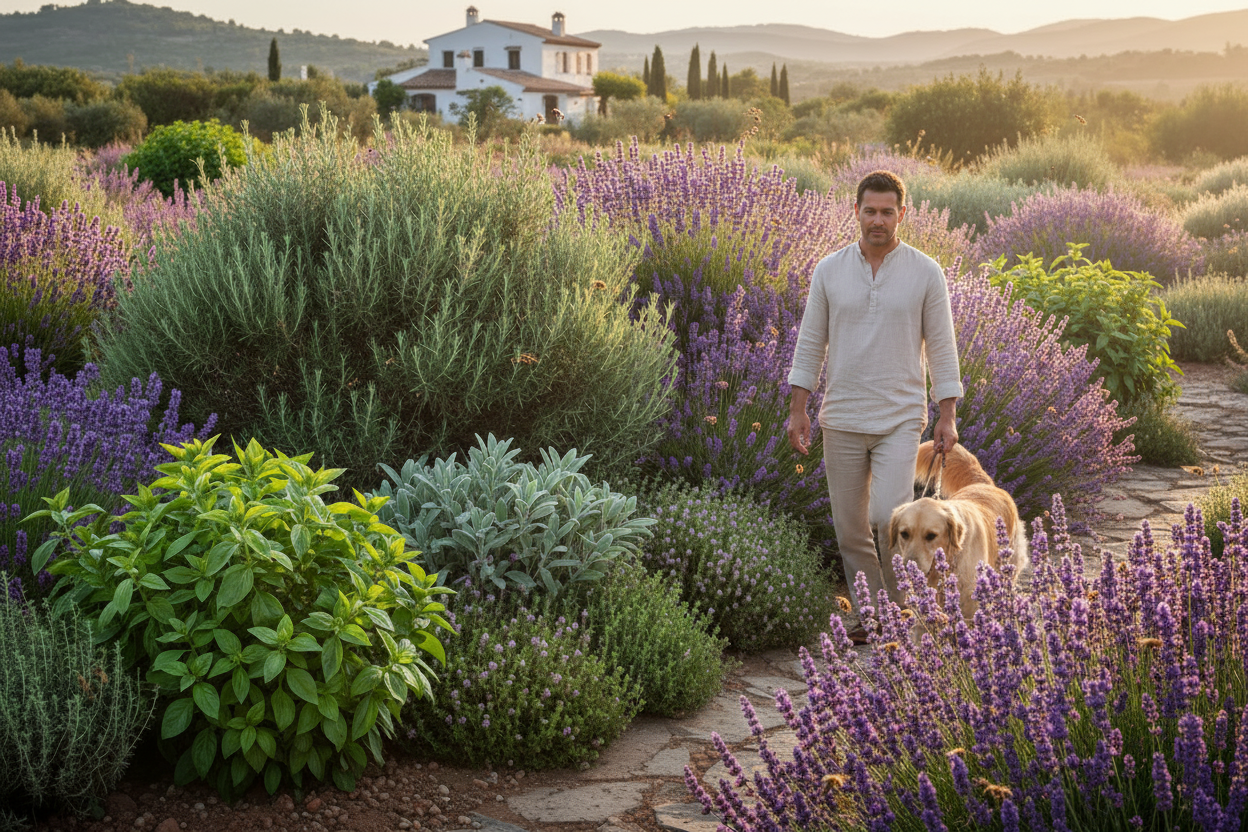 Lush herb garden with man and dog