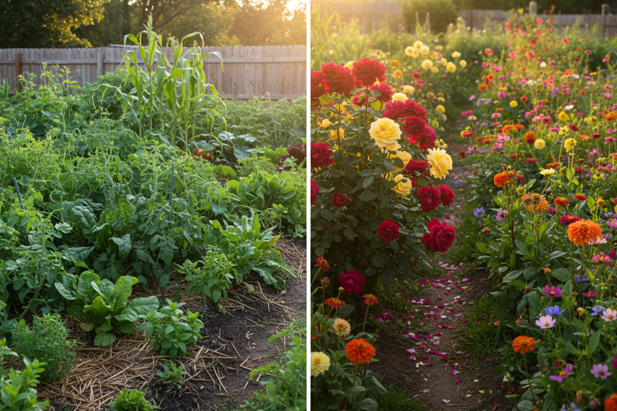 Lush vegetative garden transitioning into abundant blooming flowers