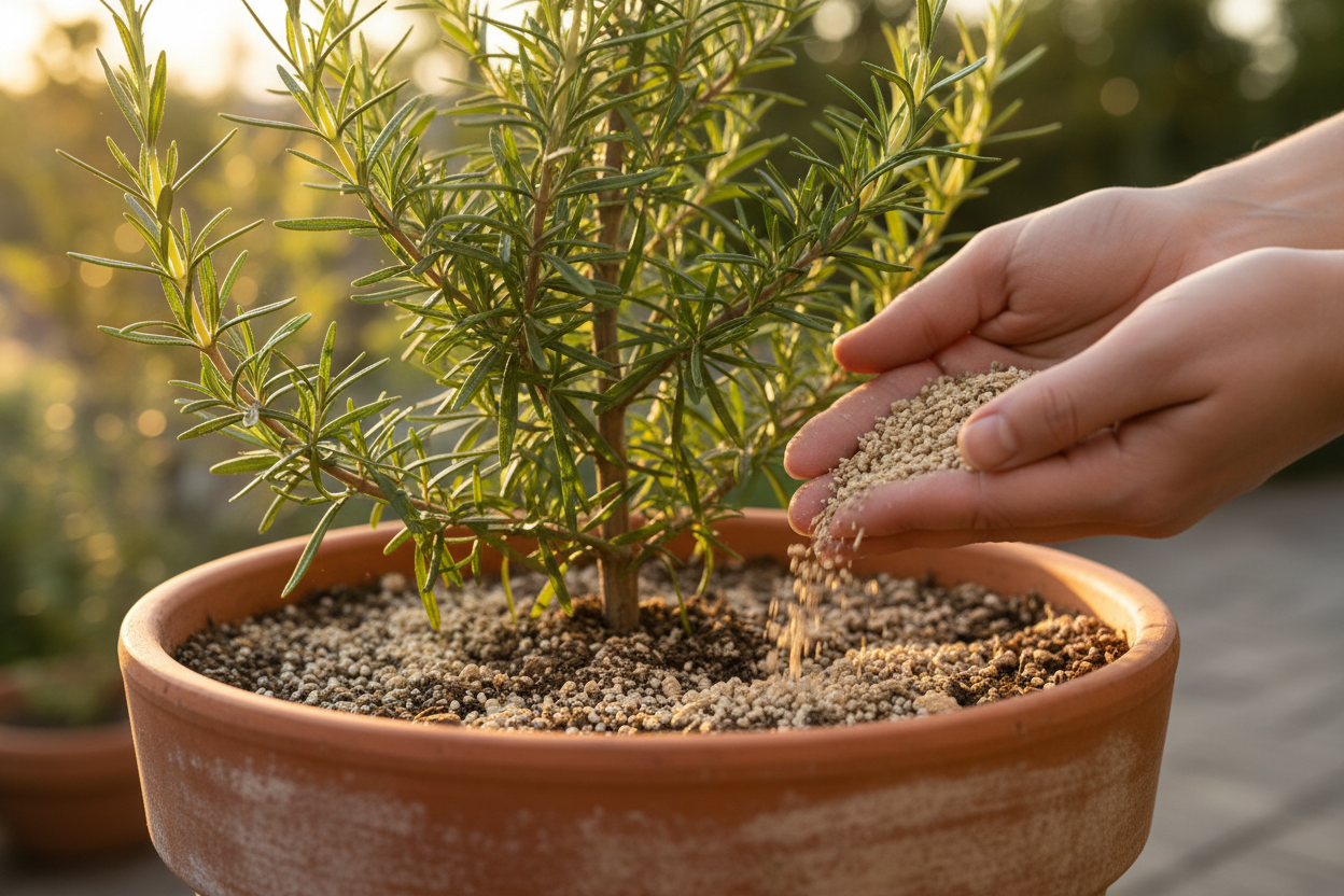 Rosemary plant being top-dressed