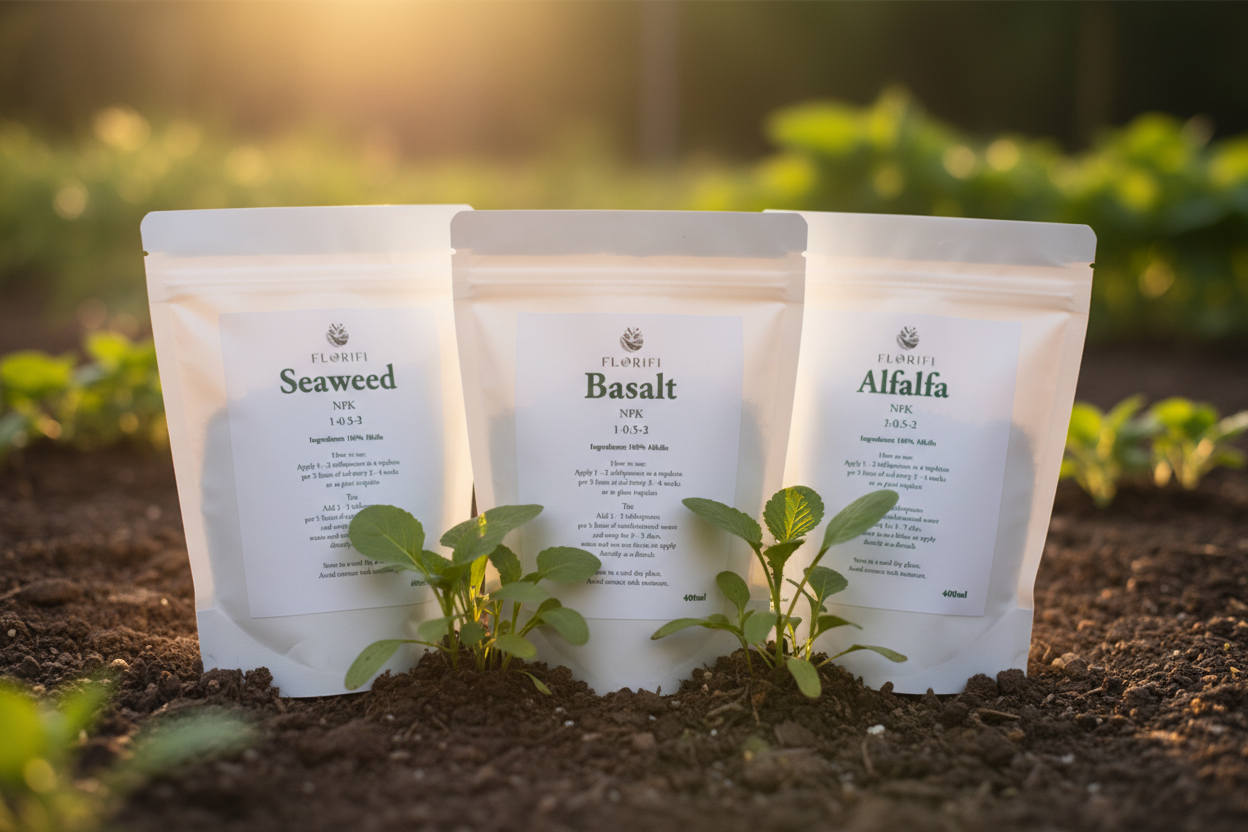 Seaweed, Basalt and Alfalfa - white pouches with labels