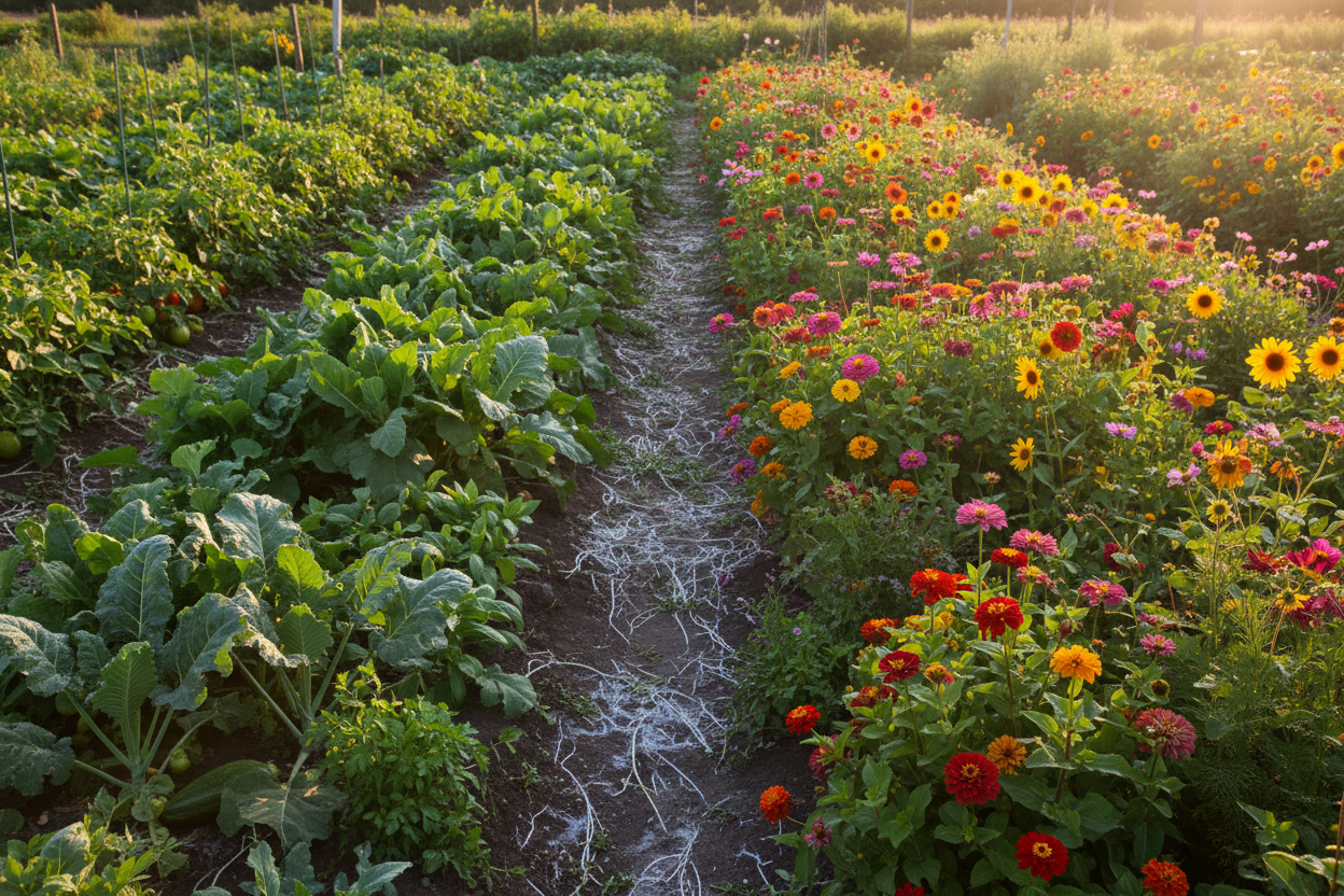 Thriving organic garden from lush green growth to vibrant blooms