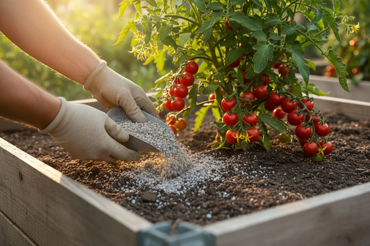 Top-dressing tomato plant with grey powder