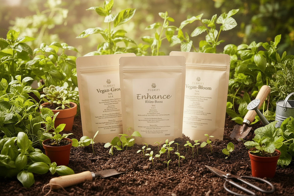 Three white bags labeled 'Vegan-Grow', 'Enhance', and 'Vegan-Bloom' 
