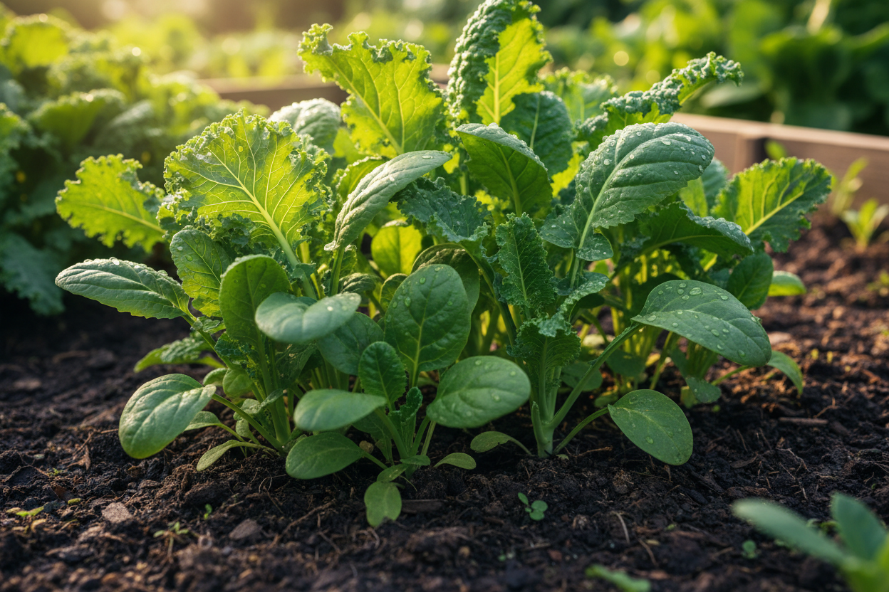 Vibrant leafy greens growing in rich dark soil